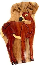 Deer, All-Natural Wood Intarsia Puzzle Box, Handcrafted with Secret Compartment