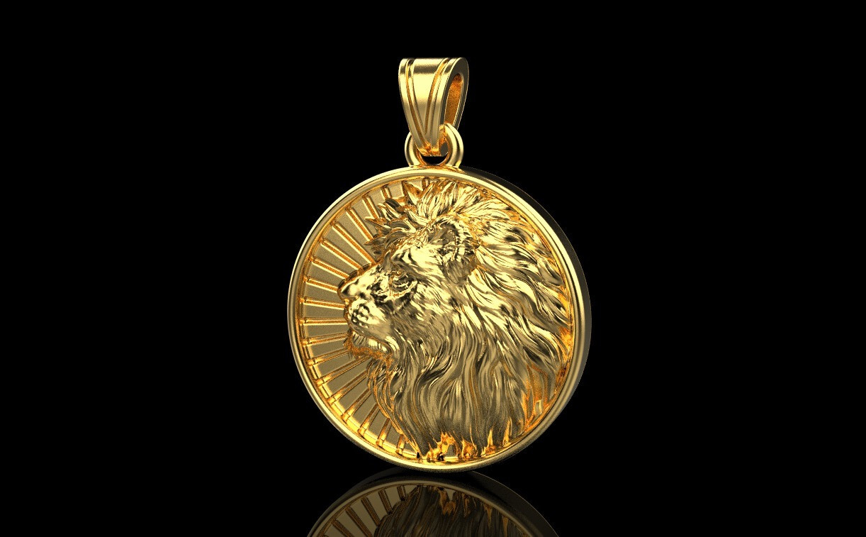 14K Solid Yellow Gold 23mm Lion Head Pendant Charm Necklace