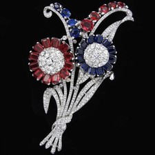 Trifari Philippe WW2 US Patriotic Red White Blue Giant 2 Flower Spray Pin Clip