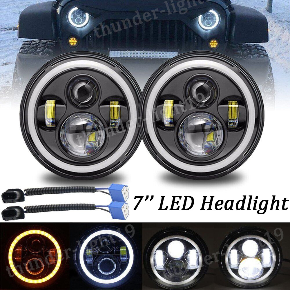 Pair 7'' Inch LED Headlights w/Amber Light DRL For Jeep Wrangler JK LJ TJ CJ JKU