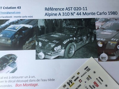 Decal 1 43 Alpine A 310 No. 44 Rally WRC Montar Carlo 1980 Monte Carlo