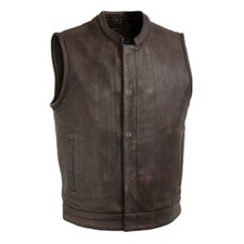 MENS MOTORCYCLE OPEN NECK PREMIUM LEATHER VEST w/ DUAL CONCEAL CARRY POCKETS