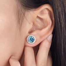 2.5Ct Blue Round Cut Halo Stud Earrings 925 Sterling Silver Removable Jacket
