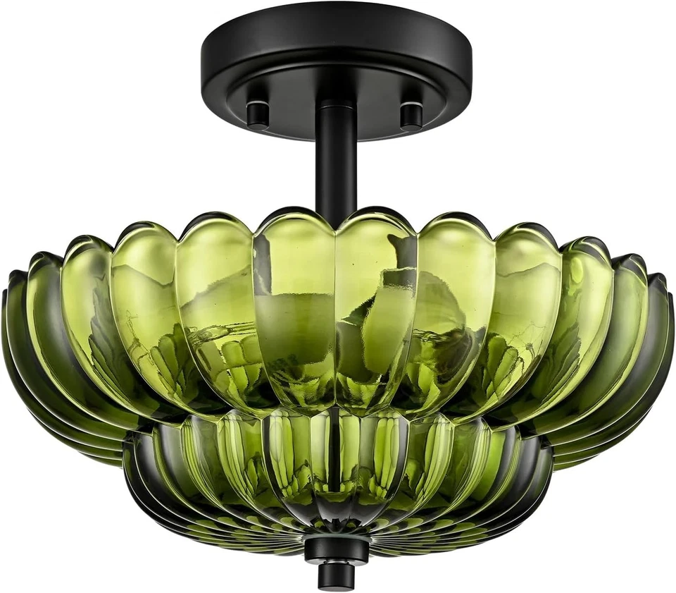 Modern Vintage Green Glass 3-Light Black Base Semi Flush Mount Ceiling Light - Image 4 of 4