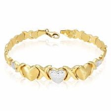 14K Yellow Gold White Accents Graduated Heart Kisses XO Stampato Bracelet 7.75"