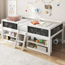 Low Loft Bed Twin Size, Wooden Loft Bed with Ladder & Blackboard, Twin Bed Fr...