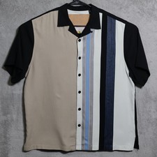 Nat Nast Shirt Mens Large Black Beige Silk Bowling Camp Striped American Fit