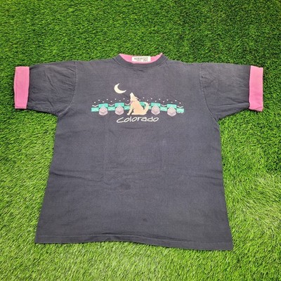 Vintage 90s Colorado Howling Wolf Shirt Womens XL 23x26 Black Pink Trim USA