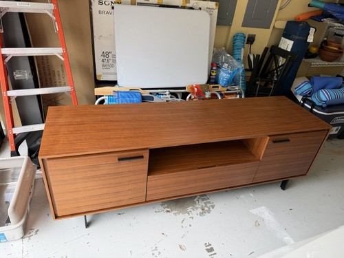 Mid-Century Modern Brown Wood TV Stand with Doors, Shelves, Metal Handles