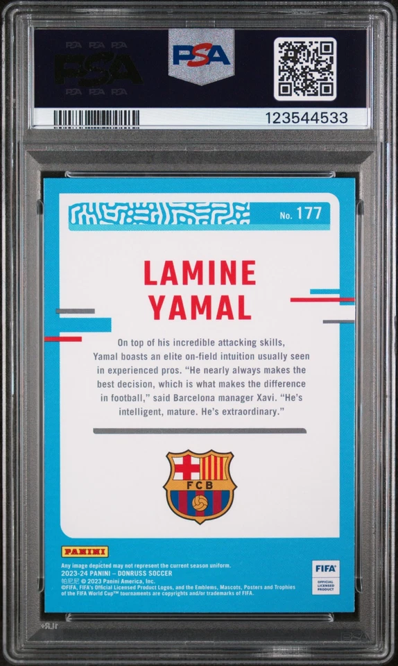 2023-24 Panini Donruss FIFA #177 Lamine Yamal Clasificado Novato PSA AUTÉNTICO AUTOMÁTICO 10 Foto 2 de 3