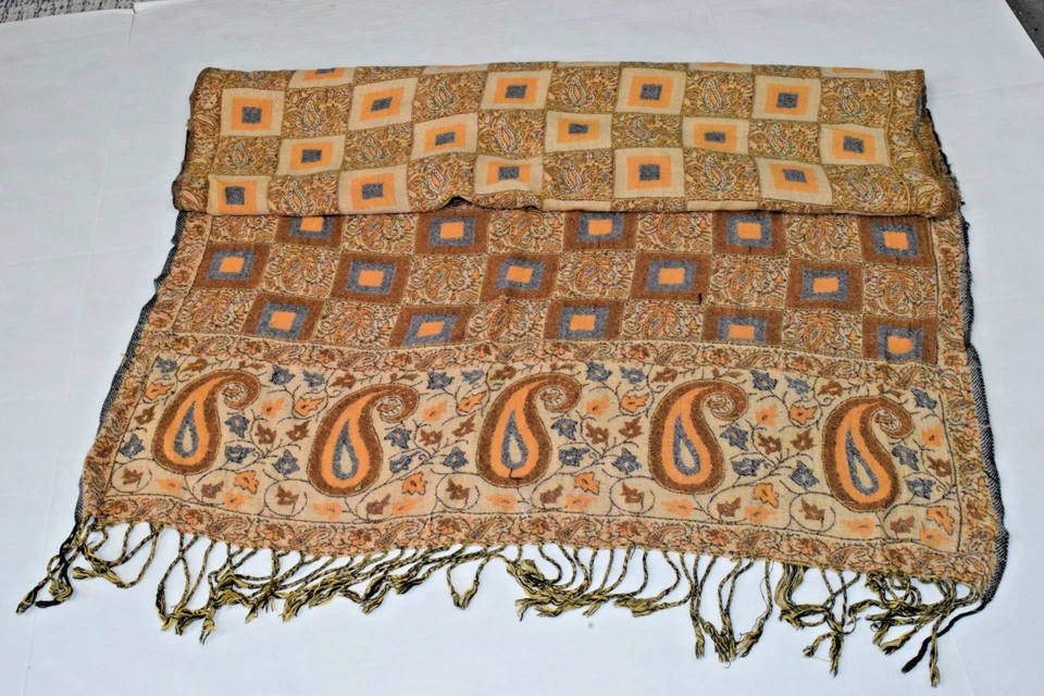 Vintage Scarf 60s Ultra Soft Cotton Rayon Gold Blue Paisley Checkerboard 64X26In - Image 2 of 4