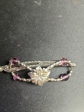 Vintage Silver-Tone Floral Barrette with Purple Faceted Beads 3.25 Hair Clip