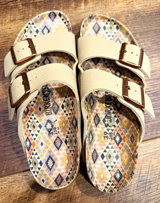 Birkenstock Women s Beige Leather Slide Sandals Double Buckle Geometric 8
