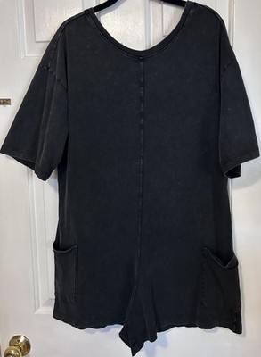 Double Zero Womens Medium Black Short Sleeve Romper One Piece Pockets Comfy