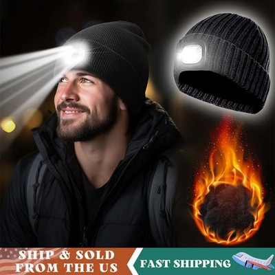 Fleece Lined Beanie Hat with LED Light USB Rechargeable Winter Warm Headlamp Cap