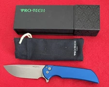 Pro-Tech Mordax Flipper Manual Knife, Blue Aluminum Handle, Stonewash Magnacut