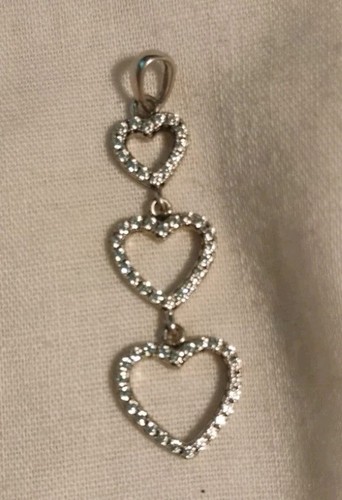Vintage Silvertone Triple Heart Pendant Pave Crystal Rhinestone Graduated...