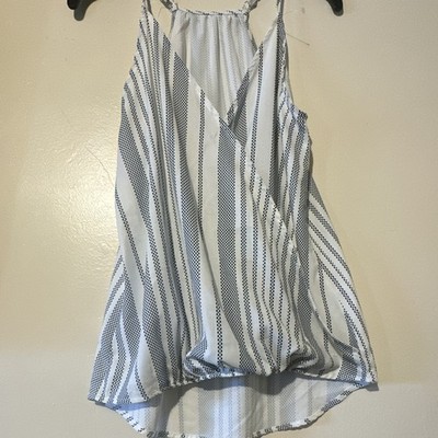 White Black Striped V-Neck Spaghetti Strap Woven Cami Tank Top Womens S