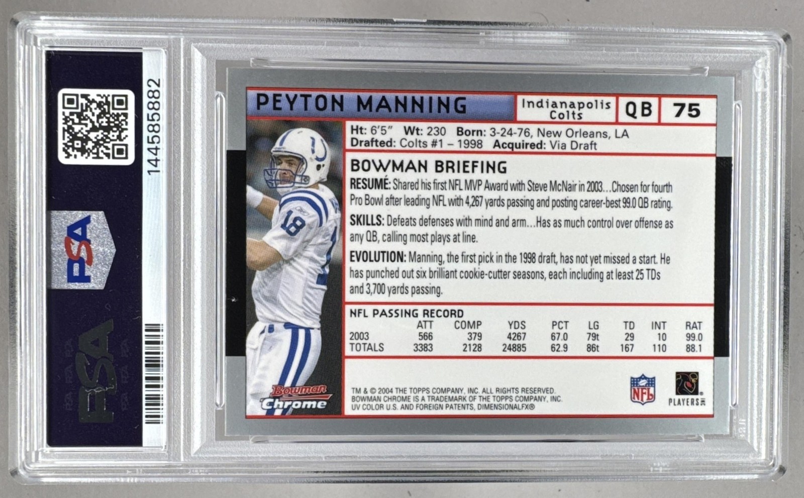 144585882 Peyton Manning 2004 Bowman Chrome #75 PSA 10 view 2