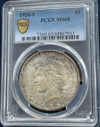 1926-S Peace Silver $1 Dollar PCGS MS65 Gold Shield High Grade Light Toning