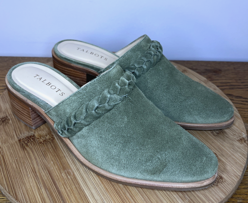 Talbots Maddie Braided Suede Mules Clogs Olive Green Size 9.5 M