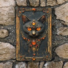 Black Cat Metal Sign - Gothic Decor - Mystical Feline Wall Art - 8x12