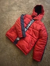 Tommy Hilfiger Boys Red Puffer Hooded Winter Coat Large 14-16 Fleece Lined Zip