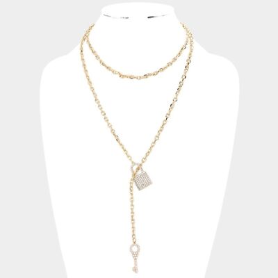 Gold Rhinestone Lock & Key Pendant Toggle Necklace Chain Crystal Link Statement