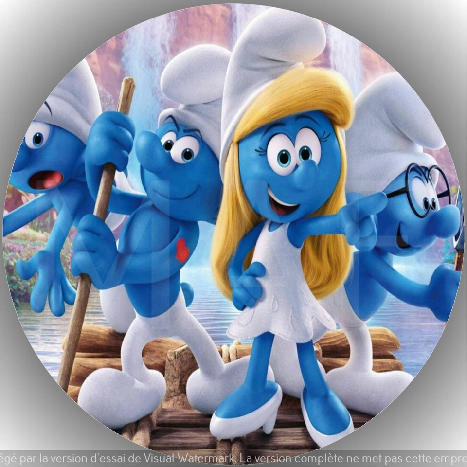 Les Schtroumpfs . Décoration de gâteau comestible , Azyme ,disque diamètre 20cm.