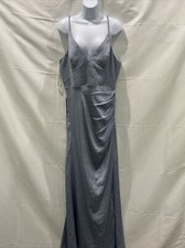 AZAZIE SHANIA Sheath Pleated Stretch Satin Floor-Length Dress Dusty Blue Sz A14