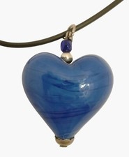 Blue Art Glass Heart Necklace Beaded Silver Tone