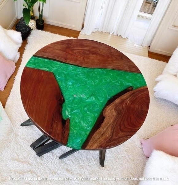 Epoxy resin green coffee table with wooden base for home decor