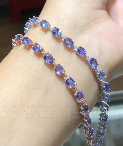 Natural Blue Tanzanite 5X4 MM Oval 925 Sterling Silver Wedding Chain Bracelet - Picture 6 of 9