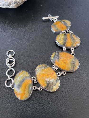 Bumble Bee Jasper Navajo Sterling Silver Link Bracelet 7.5" 10285 - Picture 8 of 12
