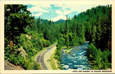 Cascade Mountains WA River and Highway Postcard Used (33046)