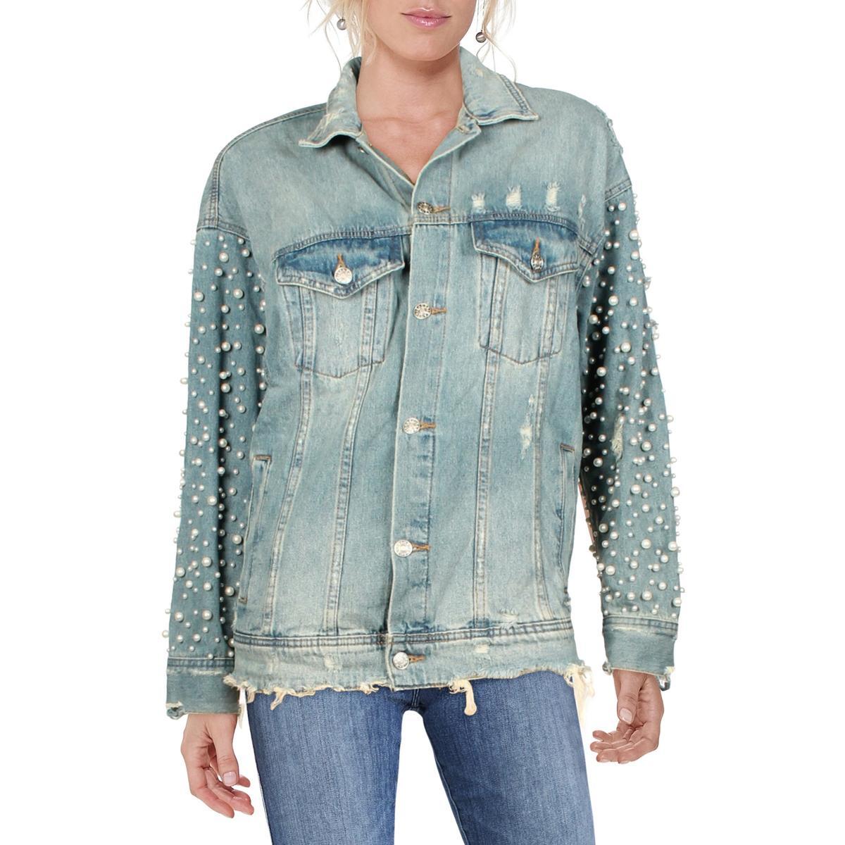 Sunset & Spring Womens Blue Pearls Jean Denim Jacket Coat XS BHFO 3772