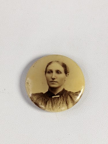 1898 Vintage Antique Woman Photo Celluloid Mourning Pin Back Button Portrait PIN - Picture 2 of 9