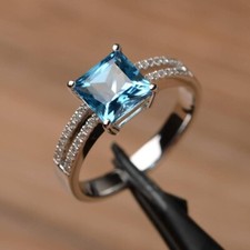 2Ct Lab-Created Blue Topaz Solitaire Engagement Ring 14K White Gold Plated