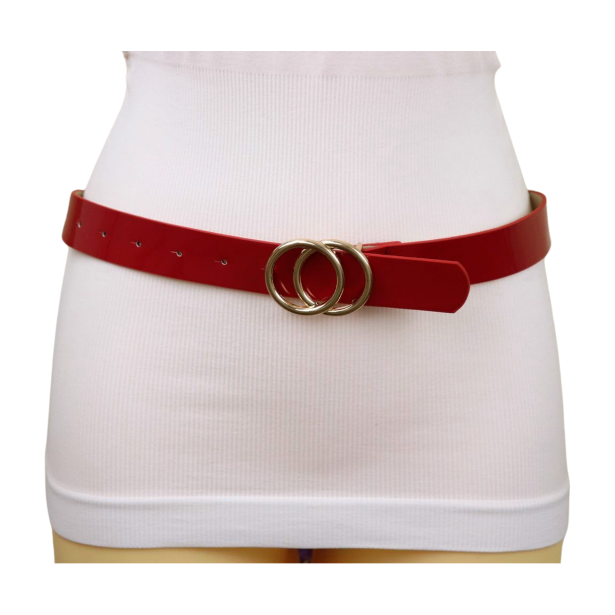 Women Red Faux Patent Leather Skinny Fashion Belt Gold Metal  display picture 1