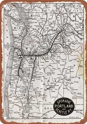 METAL SIGN - 1959 Spokane, Portland & Seattle Route Map - Vintage Rusty Look