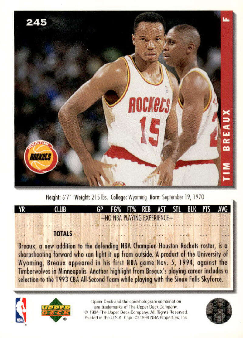 Tim Breaux 1994-95 Collector's Choice #245 NBA Rockets ID:125857