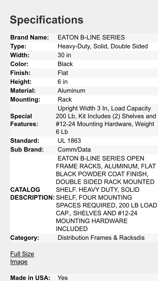 (C) Eaton BLINE SB596S19153AFB HEAVY DUTY SHELF, SOLID, 19" RACK W, 15", BLACK⚡️ - Image 3 of 4