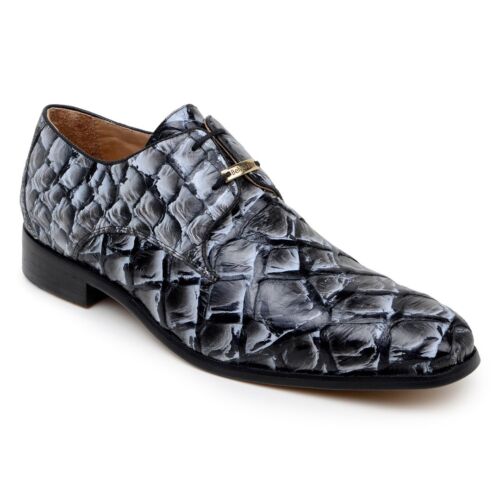 NUEVO Zapatos de Vestir Para Hombres Exóticos Belvedere Cuero Pirarucu Genuino Renzo Marfil Negro - Imagen 2 de 5
