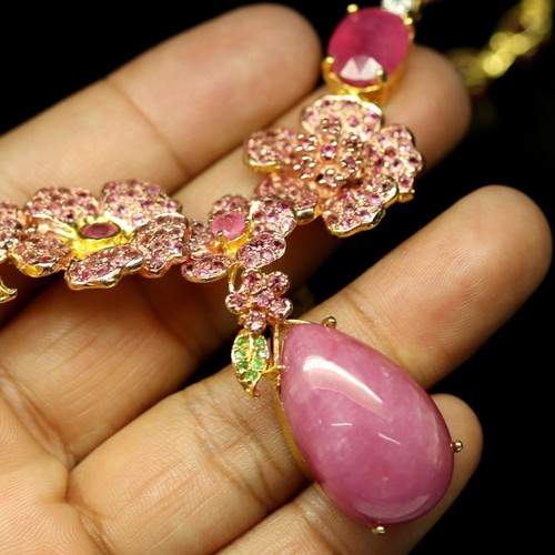 925 Silver Pimk Ruby, Sapphire & Tsavorite Garnet Necklace 16" 18K Gold Plated - Picture 2 of 5