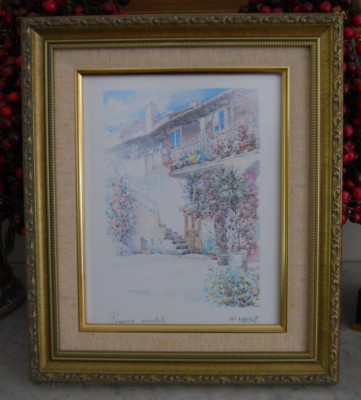 FRAMED SIGNED COLOR PRINT FLOWERED ANTIQUE ITALIAN BUILDING VIEW