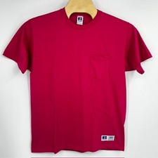 Vintage Russell Pocket T-Shirt Men's Large Hot Pink High Cotton Made in USA 90s