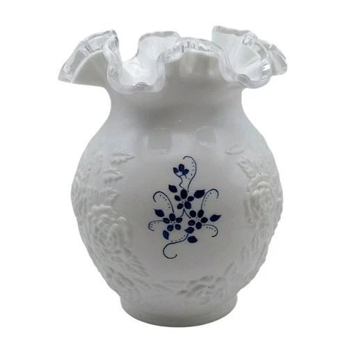 Vintage Fenton Embossed Rose Silver Crest Vase Hand Painted Signed D Frederick