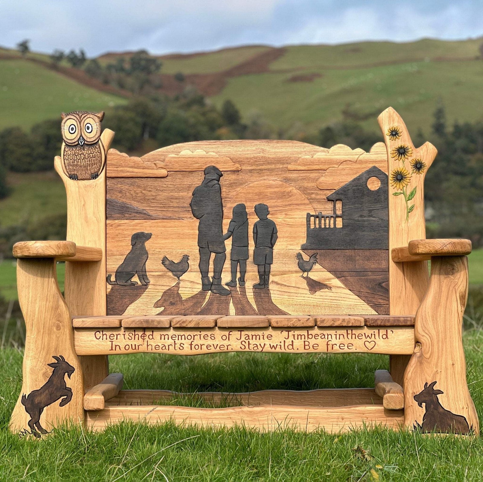 Personalised Memorial Bench Hand-Carved Solid Oak Bespoke Wildlife UK