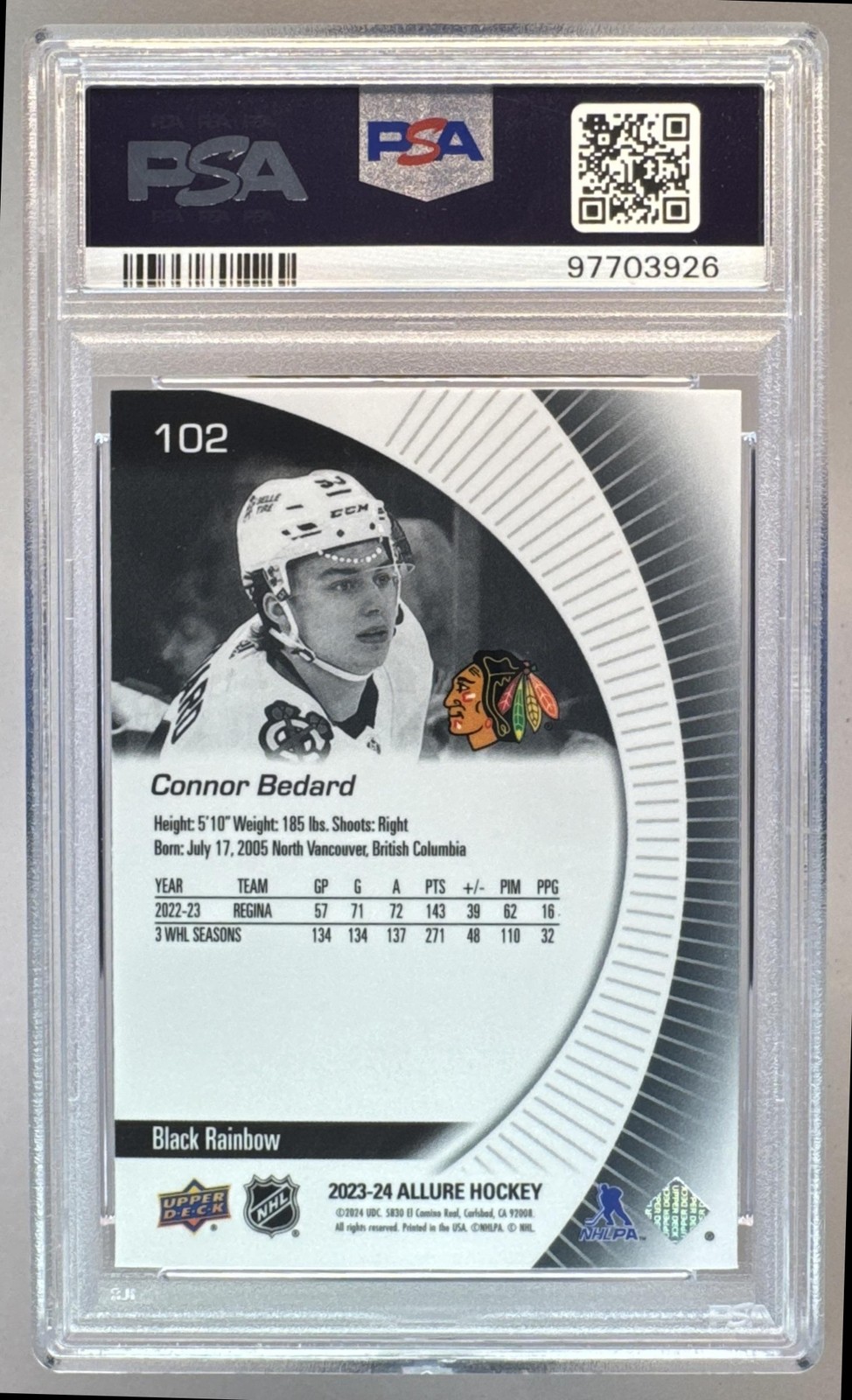 97703926 Connor Bedard 2023 Upper Deck Allure #102 Black Rainbow RC PSA 10 view 2