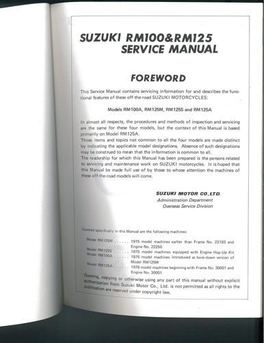 Suzuki Service Manual - RM100 / RM125 - 99500-01010-01E - Picture 3 of 6